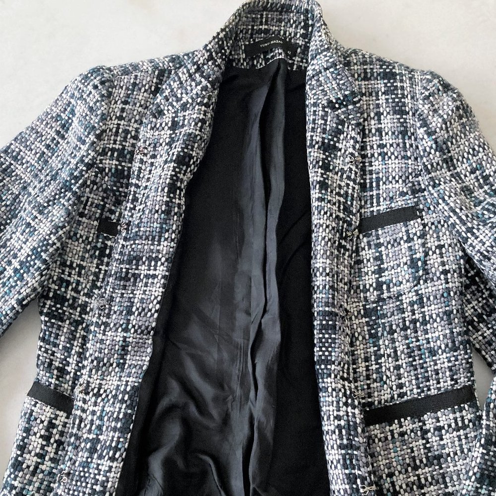 Vintage Yumi Mazao Paris tweed blazer / woven jacket (white, black, teal / blue) - Picture 8 of 13